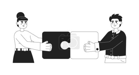 Illustration for Team building business monochrome concept vector spot illustration. Businesswoman, businessman connect puzzle 2D flat bw cartoon characters for web UI design. Isolated editable hand drawn hero image - Royalty Free Image