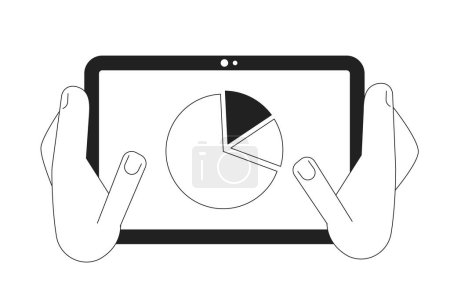 Illustration for Digital marketing report monochrome concept vector spot illustration. Holding tablet with pie chart 2D flat bw cartoon hands for web UI design. E commerce isolated editable hand drawn hero image - Royalty Free Image