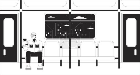 Illustration for Commuter rail passenger black and white lo fi chill wallpaper. Rapid transit. Young man subway riding 2D vector cartoon character illustration, minimalism background. 80s retro album art, line art - Royalty Free Image
