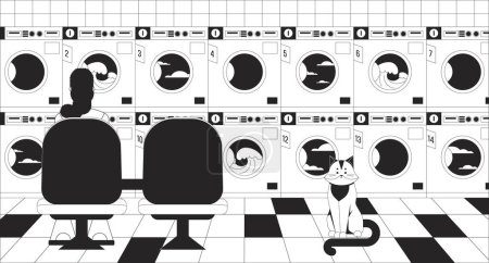 Illustration for Waiting for laundry black and white lo fi chill wallpaper. Housework laundromat. Woman in launderette 2D vector cartoon character illustration, minimalism background. 80s retro album art, line art - Royalty Free Image