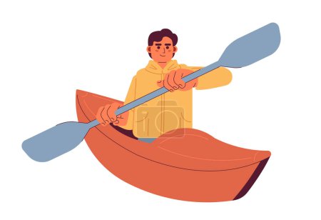 Ilustración de Joven caucásico hombre remando kayak semi plana colorido vector carácter. Piragüismo, deportes acuáticos. Persona de cuerpo completo editable en blanco. Ilustración simple de dibujos animados para el diseño gráfico web - Imagen libre de derechos