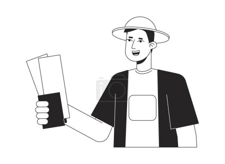 Illustration for Going on holiday bw vector spot illustration. Happy traveler holding boarding pass with passport 2D cartoon flat line monochromatic character for web UI design. Editable isolated outline hero image - Royalty Free Image