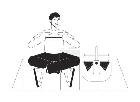 Illustration for Guy eating sandwich on summer picnic bw vector spot illustration. Happy man with picnic basket 2D cartoon flat line monochromatic character for web UI design. Editable isolated outline hero image - Royalty Free Image