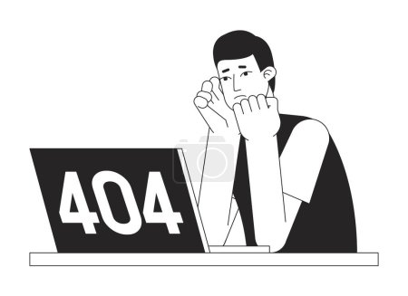 Ilustración de La frustración del ordenador portátil negro blanco error 404 mensaje flash. Asiático joven estudiante estresado. Monocromo vacío estado ui diseño. Página no encontrada imagen de dibujos animados emergente. Vector esquema plano concepto de ilustración - Imagen libre de derechos