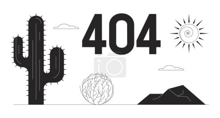 Illustration for Desert wasteland with cactus black white error 404 flash message. Tumbleweed on road. Monochrome empty state ui design. Page not found popup cartoon image. Vector flat outline illustration concept - Royalty Free Image
