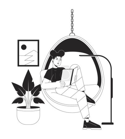 Illustration for Reading in hanging chair bw vector spot illustration. Asian woman reading book 2D cartoon flat line monochromatic character for web UI design. Girl bookworm editable isolated outline hero image - Royalty Free Image