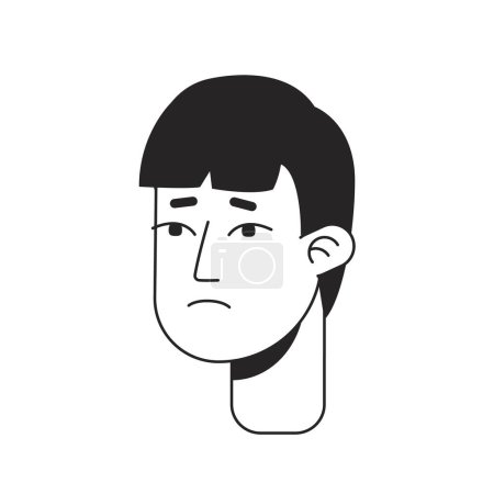 Illustration for Disappointed young asian man with bang monochrome flat linear character head. Stressed guy. Editable outline hand drawn human face icon. 2D cartoon spot vector avatar illustration for animation - Royalty Free Image