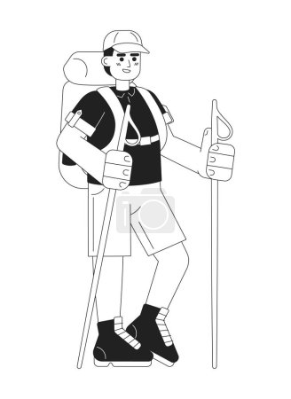 Illustration for Male backpacker with trekking poles monochromatic flat vector character. Happy man with hiking staff. Editable thin line full body person on white. Simple bw cartoon spot image for web graphic design - Royalty Free Image