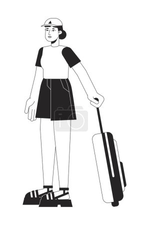 Ilustración de Mujer asiática viajando con la maleta plana línea negro blanco vector de carácter. Esquema editable persona de cuerpo completo. Chica turística con equipaje simple dibujo animado punto aislado ilustración para el diseño gráfico - Imagen libre de derechos