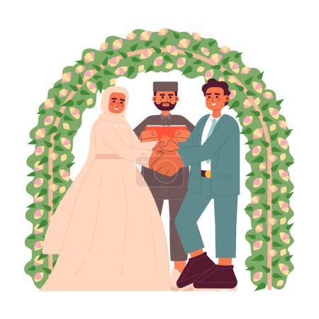 Illustration for Nikah ceremony flat concept vector spot illustration. Young muslim couple making wedding vows in front of imam 2D cartoon characters on white for web UI design. Isolated editable creative hero image - Royalty Free Image