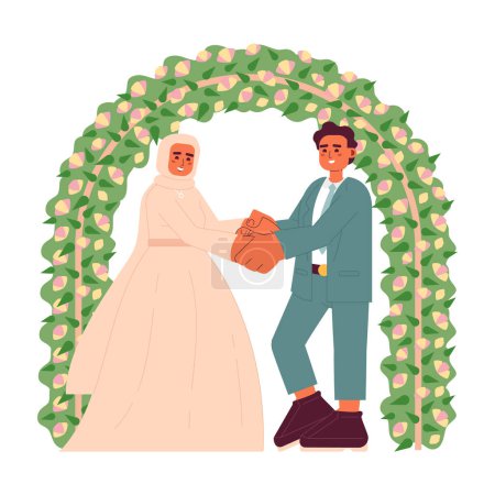 Téléchargez les illustrations : Mariage malais concept plat vecteur spot illustration. Mariée hijab femme et marié personnages de dessin animé 2D sur blanc pour la conception de l'interface utilisateur web. Cérémonie de mariage musulman isolé modifiable image de héros créatif - en licence libre de droit