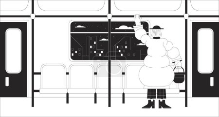 Téléchargez les illustrations : Banlieue passager ferroviaire noir et blanc lo fi chill wallpaper. Passager du métro féminin se tient dans le train 2D illustration vectorielle de personnage de bande dessinée, fond minimalisme. Album rétro des années 80 art, line art - en licence libre de droit