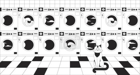 Illustration for Commercial washers with cat black and white lo fi chill wallpaper. Laundromat. Cute animal at laundry room 2D vector cartoon interior illustration, minimalism background. 80s retro album art, line art - Royalty Free Image