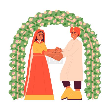 Téléchargez les illustrations : Illustration vectorielle de tache de concept plat de mariage hindou. Mariée et marié indiens personnages de dessins animés 2D sur blanc pour la conception de l'interface utilisateur Web. Mariage arrangé traditionnel isolé image de héros créatif modifiable - en licence libre de droit