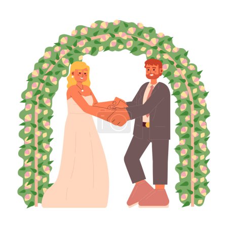 Illustration for Commitment ceremony flat concept vector spot illustration. Newlyweds under flowers arch 2D cartoon characters on white for web UI design. American wedding isolated editable creative hero image - Royalty Free Image