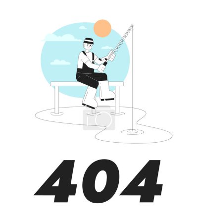 Illustration for Fishing in morning vector bw empty state illustration. Editable 404 not found page for UX, UI design. Fisherman with rod on pier isolated flat monochromatic character on white. Error flash message - Royalty Free Image