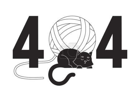 Illustration for Black cat sleeping with yarn ball black white error 404 flash message. Resting cute pet. Monochrome empty state ui design. Page not found popup cartoon image. Vector flat outline illustration concept - Royalty Free Image