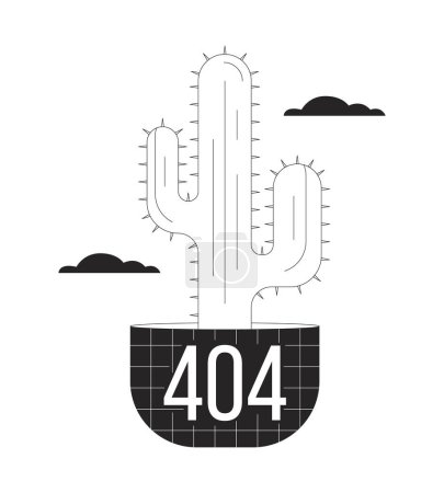 Illustration for Cactus in clouds black white error 404 flash message. Potted desert flower. Cacti plant. Monochrome empty state ui design. Page not found popup cartoon image. Vector flat outline illustration concept - Royalty Free Image