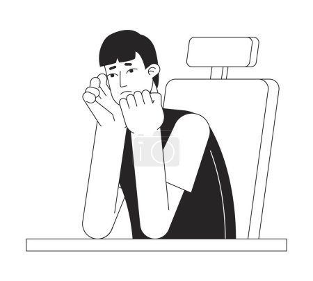 Young sad man at desk flat line black white vector character. Editable outline full body person. Male student struggling with homework simple cartoon isolated spot illustration for web graphic design