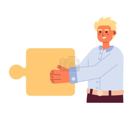 Illustration for Caucasian office worker holding puzzle piece semi flat colorful vector character. Cooperation teamwork. Editable half body person on white. Simple cartoon spot illustration for web graphic design - Royalty Free Image