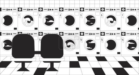 Illustration for Public laundry room black and white lo fi chill wallpaper. Laundromat. Washing machines with chairs 2D vector cartoon interior illustration, minimalism background. 80s retro album art, line art - Royalty Free Image