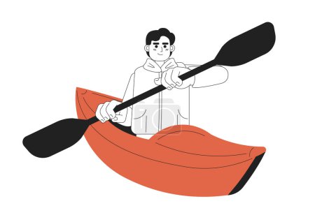 Ilustración de Hombre caucásico joven remando kayak monocromático carácter vector plano. Piragüismo, deportes acuáticos. Editable persona de cuerpo completo de línea delgada en blanco. Simple imagen spot de dibujos animados bw para el diseño gráfico web - Imagen libre de derechos