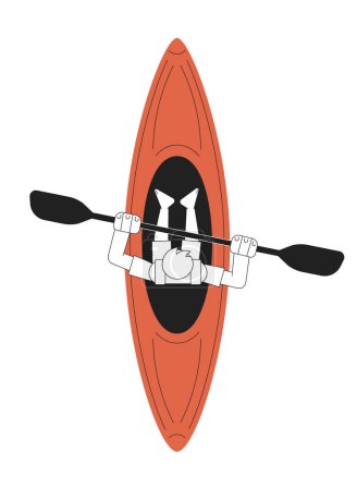 Illustration for Young man with paddle sitting in canoe top view monochromatic flat vector character. Kayak sports. Editable thin line full body person on white. Simple bw cartoon spot image for web graphic design - Royalty Free Image