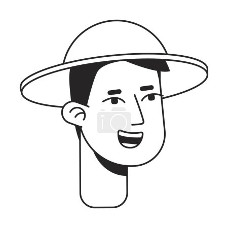 Téléchargez les illustrations : Désireux jeune homme heureux portant chapeau touristique monochrome tête de caractère linéaire plat. Voyageur masculin. Contour modifiable dessiné à la main icône du visage humain. Illustration vectorielle de spot de dessin animé 2D pour l'animation - en licence libre de droit