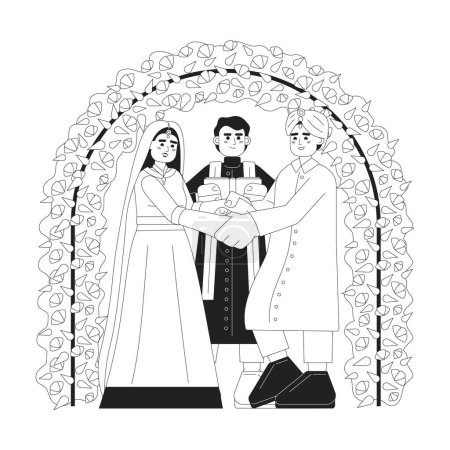 Illustration for Indian wedding ceremony monochrome concept vector spot illustration. Hindu bride and groom 2D flat bw cartoon characters for web UI design. Arranged marriage isolated editable hand drawn hero image - Royalty Free Image