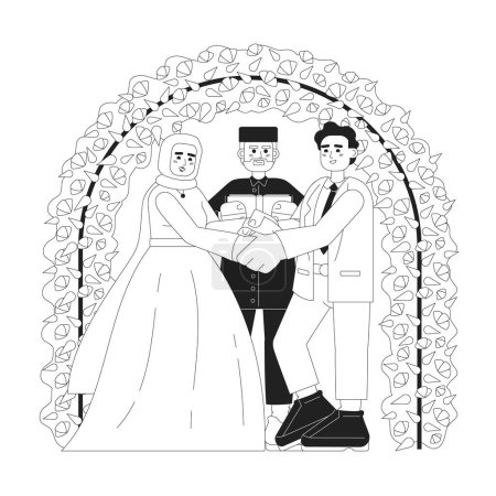 Illustration for Nikah ceremony monochrome concept vector spot illustration. Young muslim couple making wedding vows with imam 2D flat bw cartoon characters for web UI design. Isolated editable hand drawn hero image - Royalty Free Image