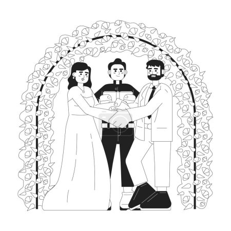 Illustration for Catholic wedding vows monochrome concept vector spot illustration. Wedding couple holding hands 2D flat bw cartoon characters for web UI design. Church ceremony isolated editable hand drawn hero image - Royalty Free Image