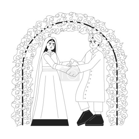 Illustration for Hindu wedding monochrome concept vector spot illustration. Indian groom and bride 2D flat bw cartoon characters for web UI design. Traditional arranged marriage isolated editable hand drawn hero image - Royalty Free Image