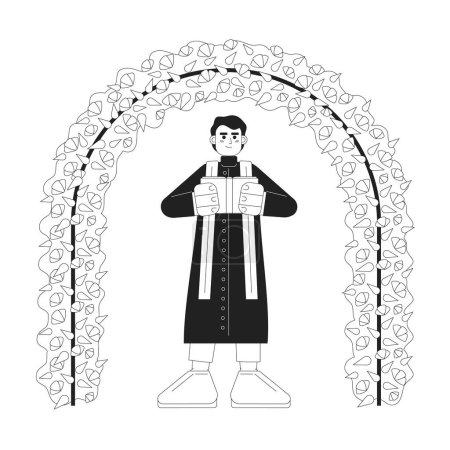 Ilustración de Boda hindú oficiante monocromo concepto vector spot ilustración. Hombre indio predicador bajo arco 2D plana bw personaje de dibujos animados para el diseño de interfaz de usuario web. Imagen de héroe dibujada a mano editable aislada ritual - Imagen libre de derechos