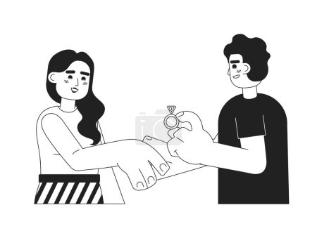 Illustration for Romantic marriage proposal monochrome concept vector spot illustration. Arab man asks to marry indian woman 2D flat bw cartoon characters for web UI design. Isolated editable hand drawn hero image - Royalty Free Image