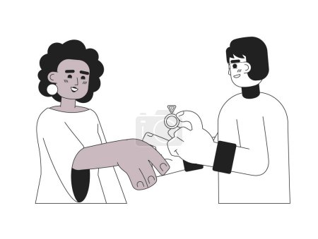Illustration for Engagement proposal monochrome concept vector spot illustration. Asian man proposing to black woman 2D flat bw cartoon characters for web UI design. Marry me isolated editable hand drawn hero image - Royalty Free Image