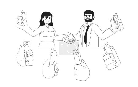Illustration for Wedding reception monochrome concept vector spot illustration. Bride and groom 2D flat bw cartoon characters for web UI design. Congratulation. Engagement party isolated editable hand drawn hero image - Royalty Free Image