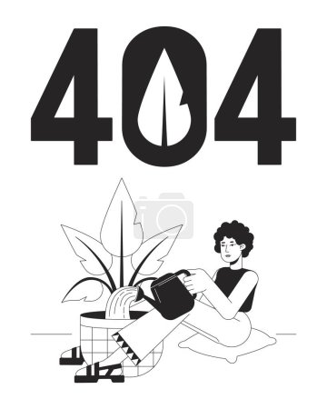 Illustration for Gardening houseplant black white error 404 flash message. Eco friendly. Watering plant. Monochrome empty state ui design. Page not found popup cartoon image. Vector flat outline illustration concept - Royalty Free Image