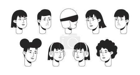 Illustration for Young adult expressions monochrome flat linear character heads bundle. Listen music. Editable outline people icons. Line users faces. 2D cartoon spot vector avatar illustration pack for animation - Royalty Free Image