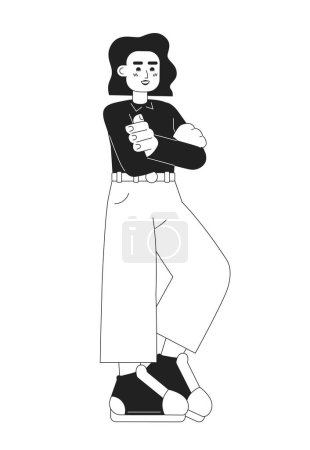 Illustration for Arms crossed young adult woman monochromatic flat vector character. Confident female worker. Editable thin line full body person on white. Simple bw cartoon spot image for web graphic design - Royalty Free Image
