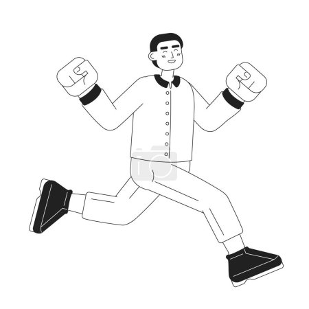 Illustration for Excited african american male jumping monochromatic flat vector character. Celebrating young man. Editable thin line full body person on white. Simple bw cartoon spot image for web graphic design - Royalty Free Image