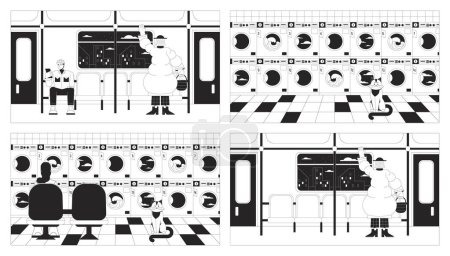 Illustration for Rail travel, laundromat black and white lo fi chill wallpaper set. Washing machines, train passengers 2D vector cartoon characters illustrations, minimalism background. 80s retro album art pack - Royalty Free Image