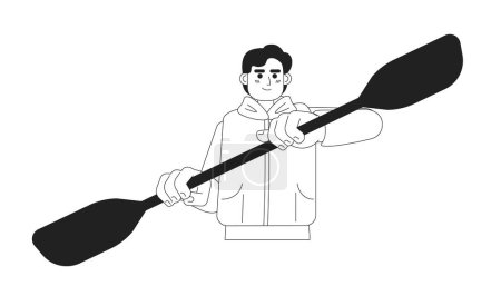 Ilustración de Hombre joven remando con kayak paddle monocromático carácter vector plano. Un kayakista remando. Editable persona de línea delgada de medio cuerpo en blanco. Simple imagen spot de dibujos animados bw para el diseño gráfico web - Imagen libre de derechos