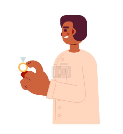 Illustration for Young african american man holding classic engagement ring semi flat colorful vector character. Proposal. Editable full body person on white. Simple cartoon spot illustration for web graphic design - Royalty Free Image