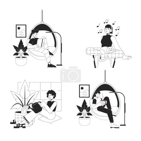Illustration for Leisure activities at home bw vector spot illustration set. Rest women 2D cartoon flat line monochromatic characters for web UI design. Relaxing alone editable isolated outline hero image pack - Royalty Free Image
