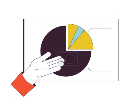 Illustration for Analysis presentation hand flat line concept vector spot illustration. Pie chart analytics 2D cartoon outline hand on white for web UI design. Monitoring business editable isolated colorful hero image - Royalty Free Image