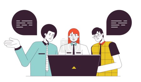 Illustration for Helping colleague flat line concept vector spot illustration. Coworkers working together 2D cartoon outline characters on white for web UI design. Collaboration editable isolated colorful hero image - Royalty Free Image