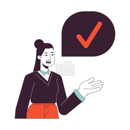 Illustration for Office woman check mark flat line concept vector spot illustration. Office worker with approved checkmark 2D cartoon outline character on white for web UI design. Editable isolated colorful hero image - Royalty Free Image