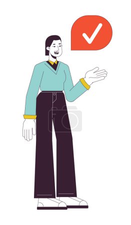 Illustration for Businesswoman consent flat line concept vector spot illustration. Female office employee agree 2D cartoon outline character on white for web UI design. Checkmark editable isolated colorful hero image - Royalty Free Image