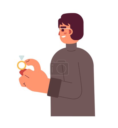 Illustration for Asian young man holding diamond engagement ring semi flat colorful vector character. Marriage proposal. Editable full body person on white. Simple cartoon spot illustration for web graphic design - Royalty Free Image