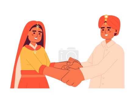 Illustration for Hindu wedding couple holding hands semi flat colorful vector characters. Happy indian groom and bride. Editable half body people on white. Simple cartoon spot illustration for web graphic design - Royalty Free Image